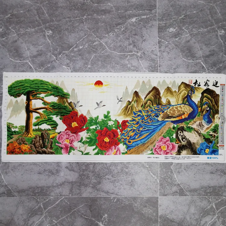 纯手工十字绣成品迎客松花开富贵孔雀牡丹客厅挂画绣好的出售