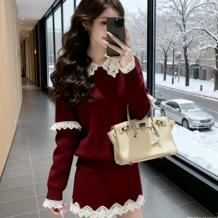 慵懒风毛衣套装女2026新款秋冬穿搭蕾丝花边针织上衣半身裙两件套