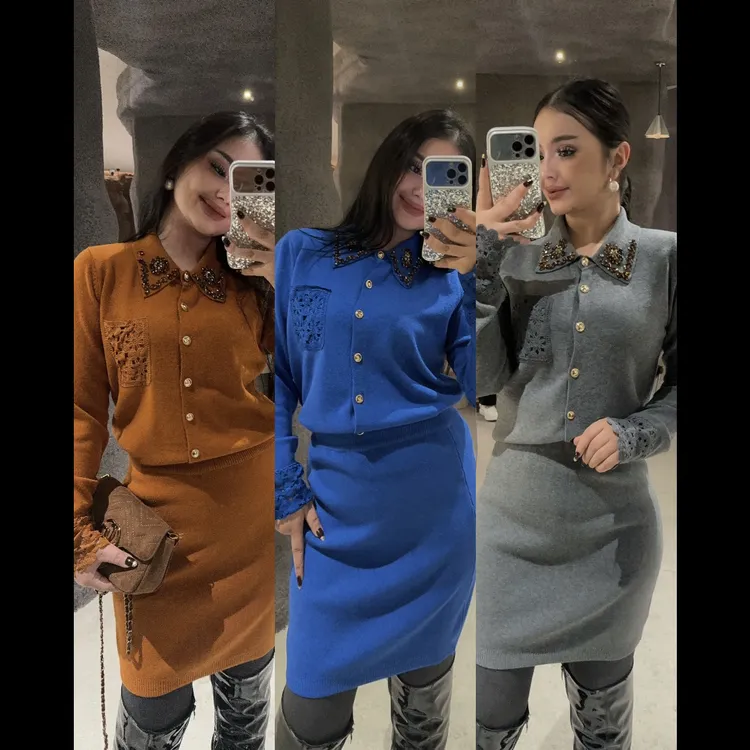 【GZ】新款秋冬蕾丝勾花拼接针织衫毛衣气质时尚两件套爆款0088