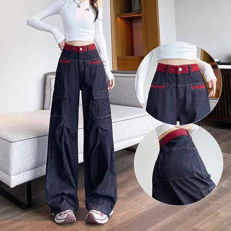 丹宁蓝阔腿牛仔裤女款爆款2025新款撞色拼接直筒宽松拖地裤女