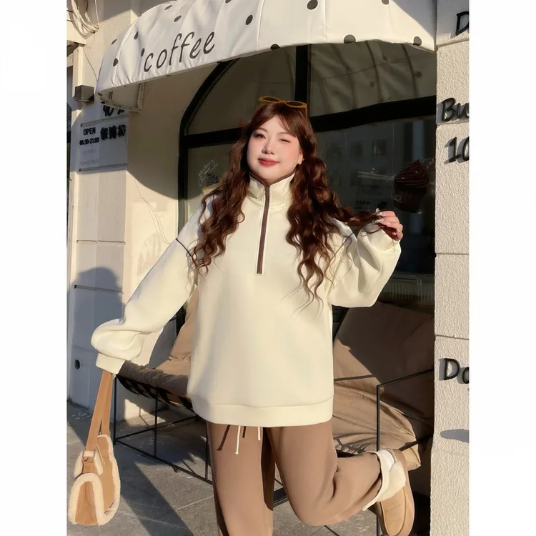 花契“巧克力熔”大码女装冬季简约200斤胖mm美式慵懒卫衣15945-C