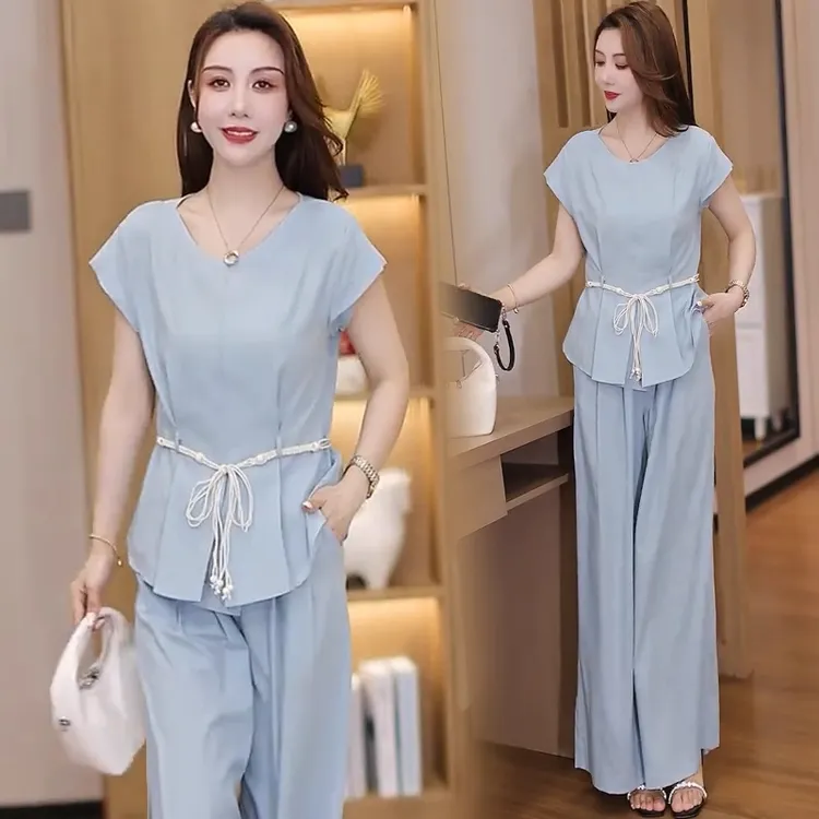 时尚套装女2025夏季新款洋气显瘦设计感短袖上衣阔腿裤两件套潮