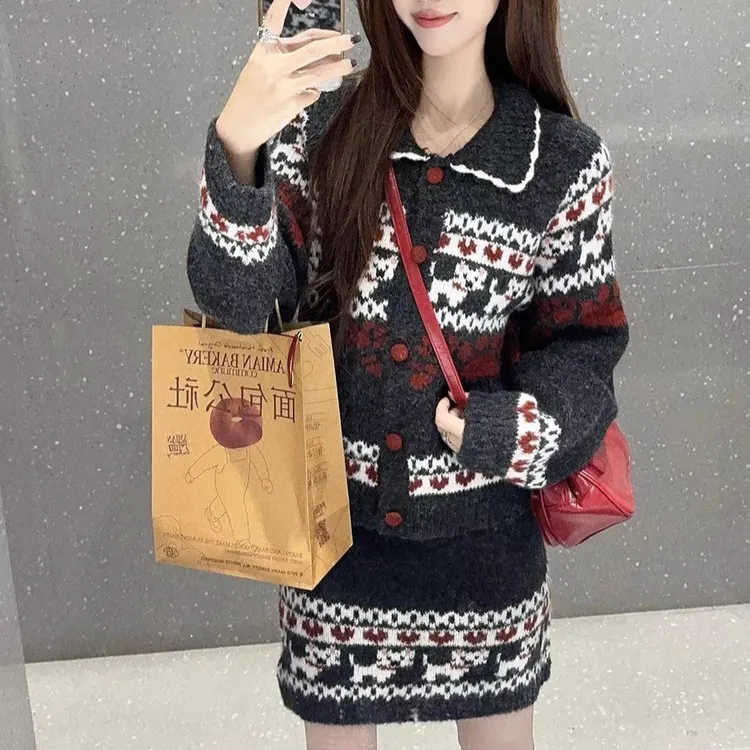 2025年新款复古灰色费尔岛名族风毛衣套装女冬季针织半身裙