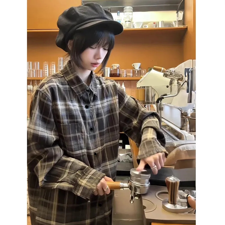 707同款咖啡色格子长袖衬衫男款春秋vintage叠穿翻领衬衣情侣外套