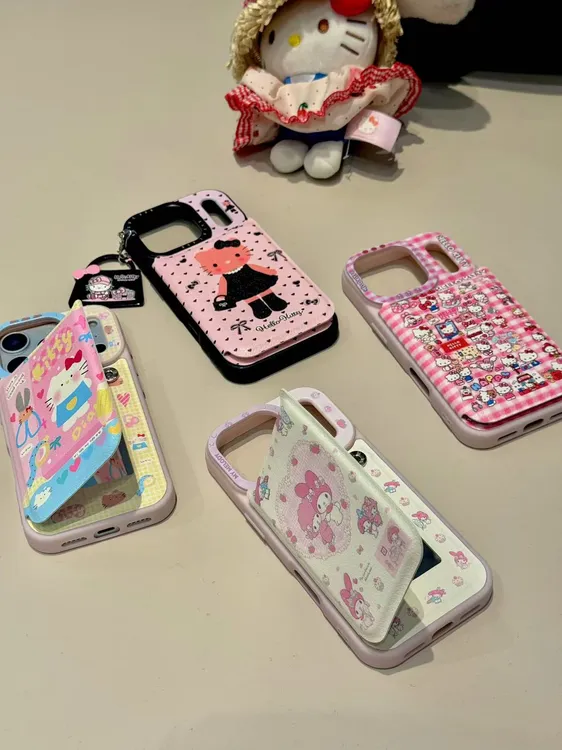 卡通黑裙猫咪爱心美乐蒂翻盖镜面适用iphone17promax苹果16手机壳