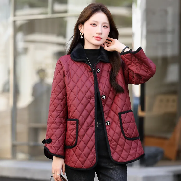 2025年新款时尚洋气棉服女秋冬翻领妈妈装加绒加厚棉衣外套棉袄
