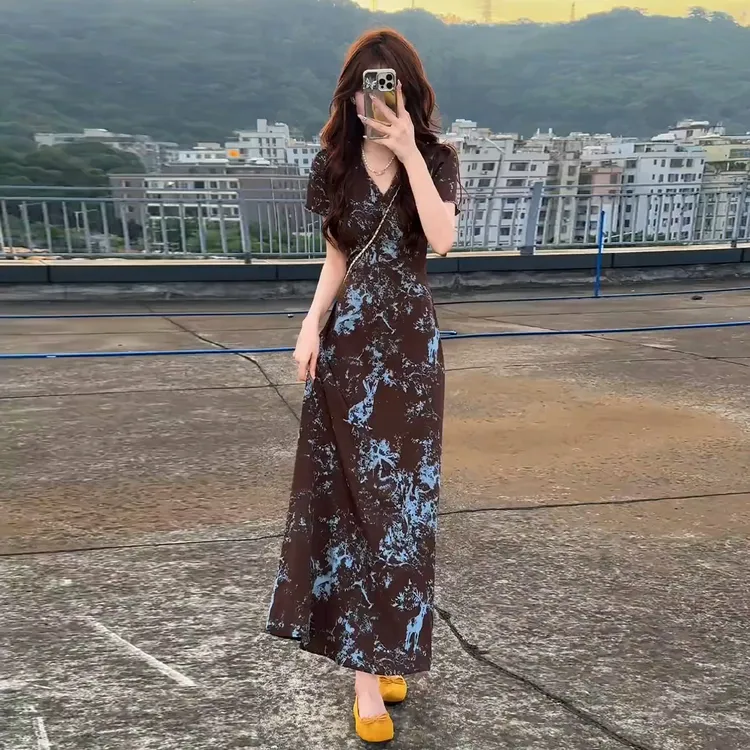 【现货+运补】法式高级感小众短袖v领收腰显瘦连衣裙5817