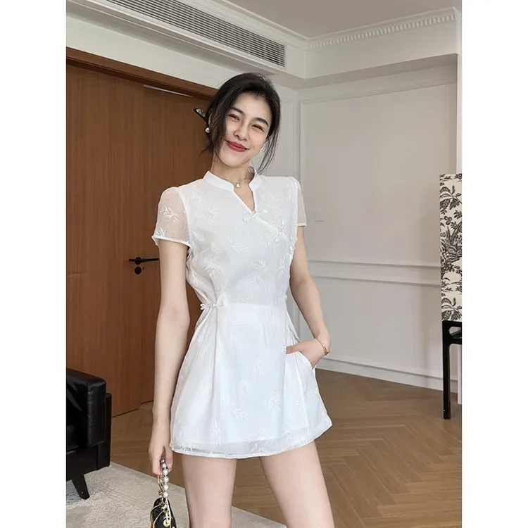 张阿星【竹之韵】国风提花小立领中长上衣+高腰显瘦短裤 W425A09574