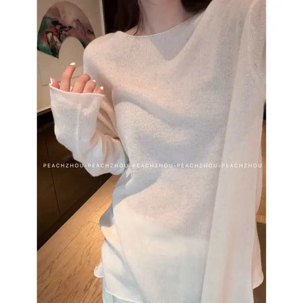 『PEACHZHOU』云朵羊绒羊毛衫 宽松圆领针织衫简约气质休闲纯欲罩衫