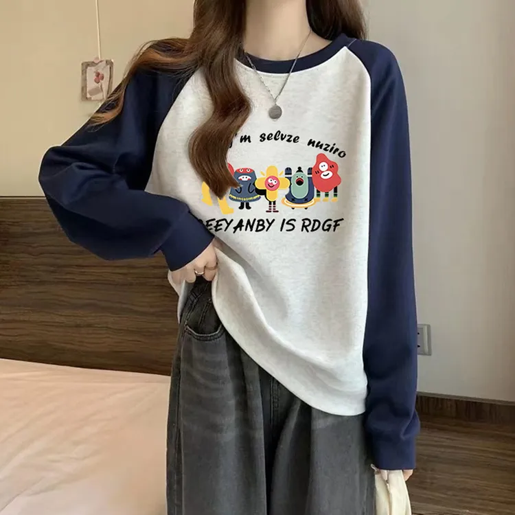 撞色拼接卫衣12岁女大童秋季韩版13中学生圆领长袖15少女打底上衣