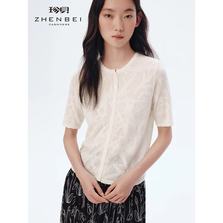 ZB/珍贝新款真*羊绒开衫圆领短袖镂空纯色针织上衣女薄通勤36810