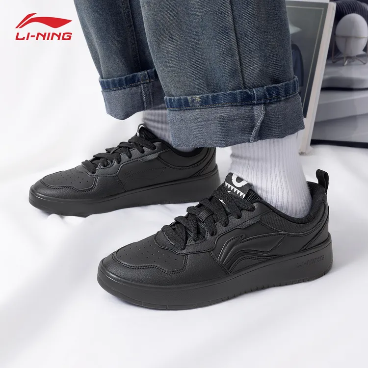 李宁板鞋男鞋2025新款初云复古皮鞋透气休闲鞋子黑色休闲运动鞋男