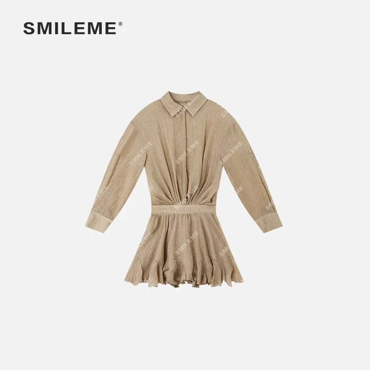 2-SMILEME【暖语】早秋新款高级感褶皱不规则收腰连衣裙ME02725307