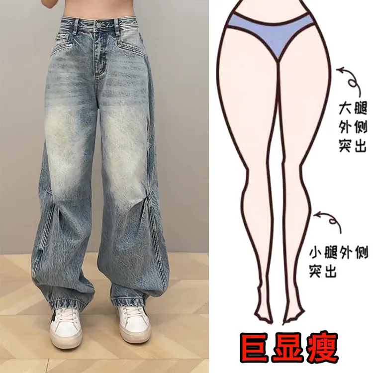 2024冬季新款大码高腰加绒加厚牛仔裤梨形身材显瘦百搭复古阔腿裤