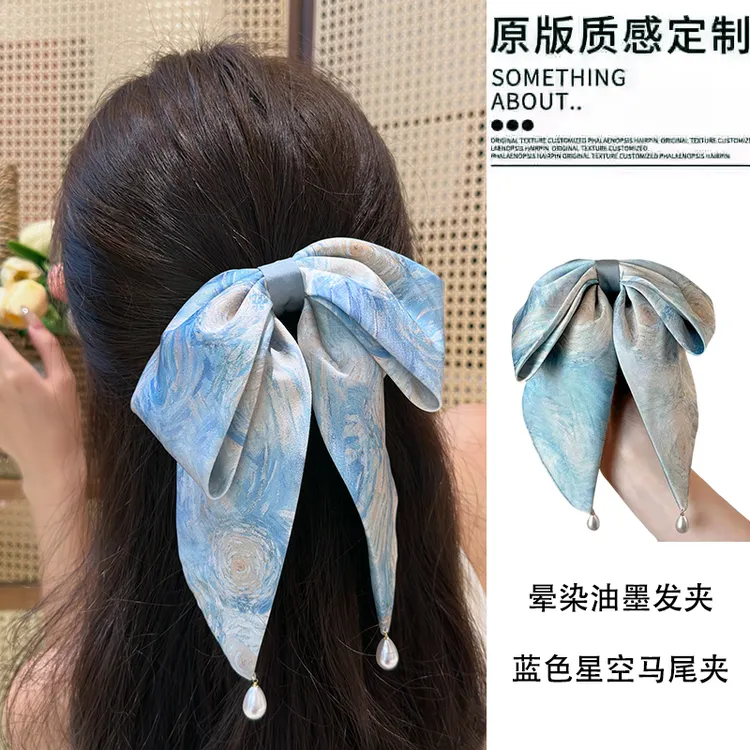 新中式油画星空扎染蝴蝶结高马尾夹新款高级感挂珠飘带后脑勺发夹
