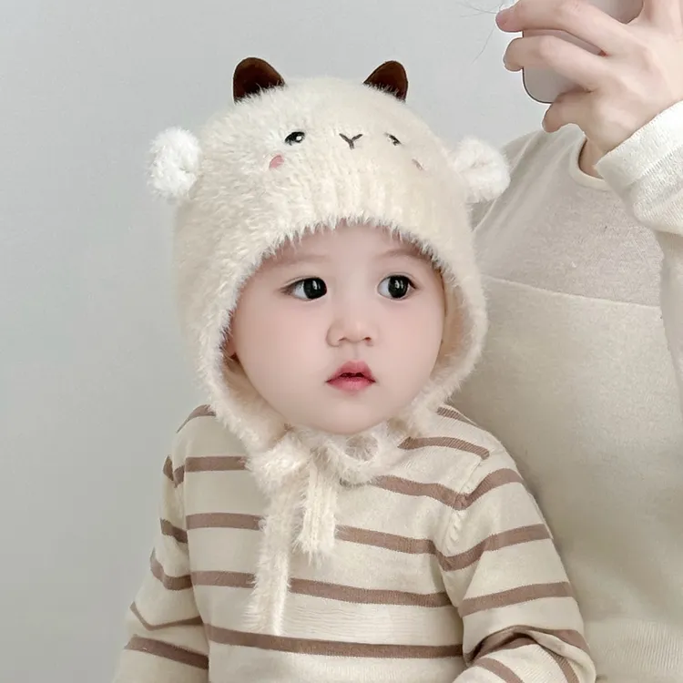 宝宝毛绒帽子秋冬季保暖加厚针织男女可爱卡通护耳帽婴幼儿毛线帽