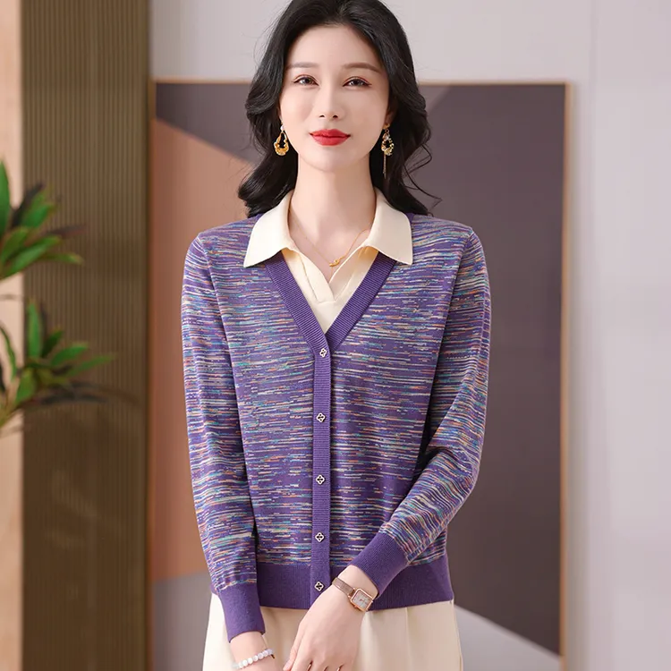 2025春装新款POLO翻领花纱高级感假两件上衣女宽松长袖洋气针织衫