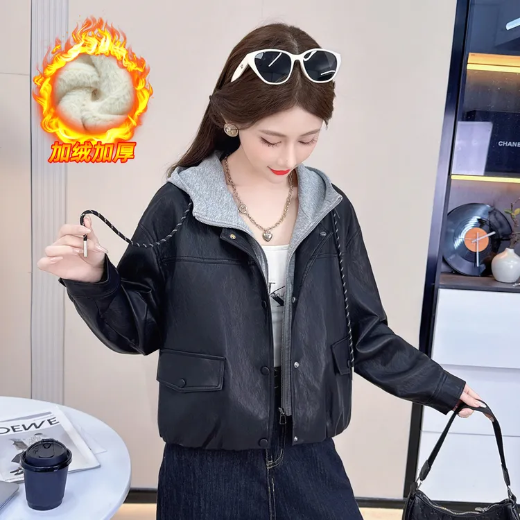 时尚加绒加厚PU皮外套女短款秋冬新款韩版休闲假两件连帽皮衣夹克