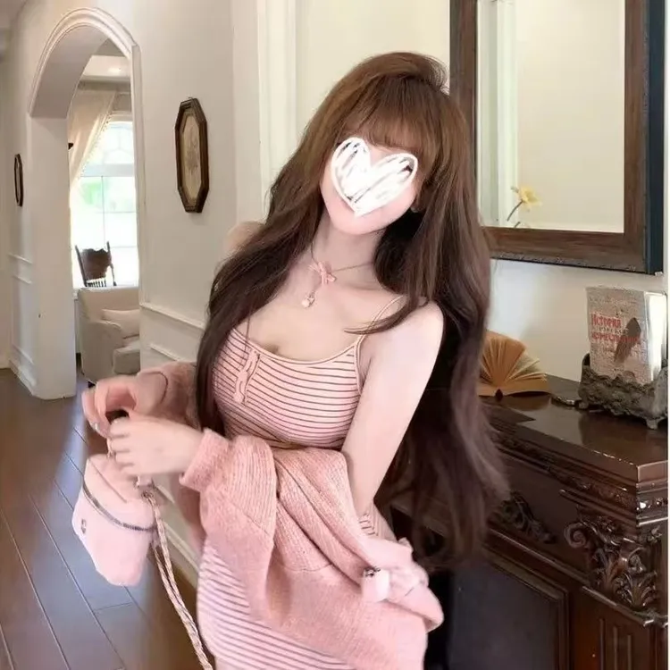 pinkmoon||秋纯欲风辣妹条纹包臀吊带连衣裙+慵懒针织开衫套装女