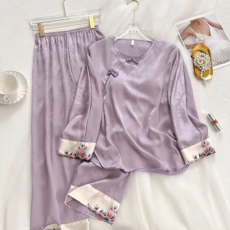 新中式睡衣女春秋款国风秋季妈妈2025新款冰雪丝带胸垫家居服夏款