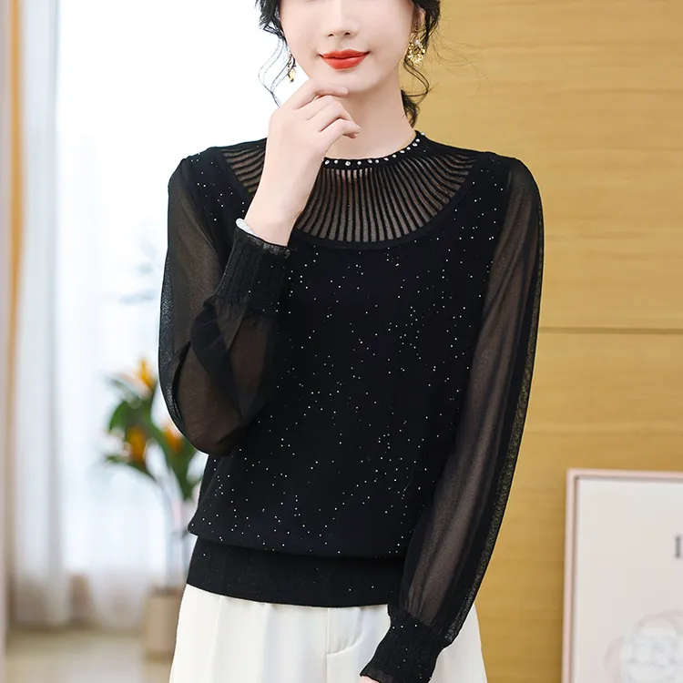 蕾丝拼接毛衣薄款时尚宽松针织上衣气质高档洋气打底衫2024年新款