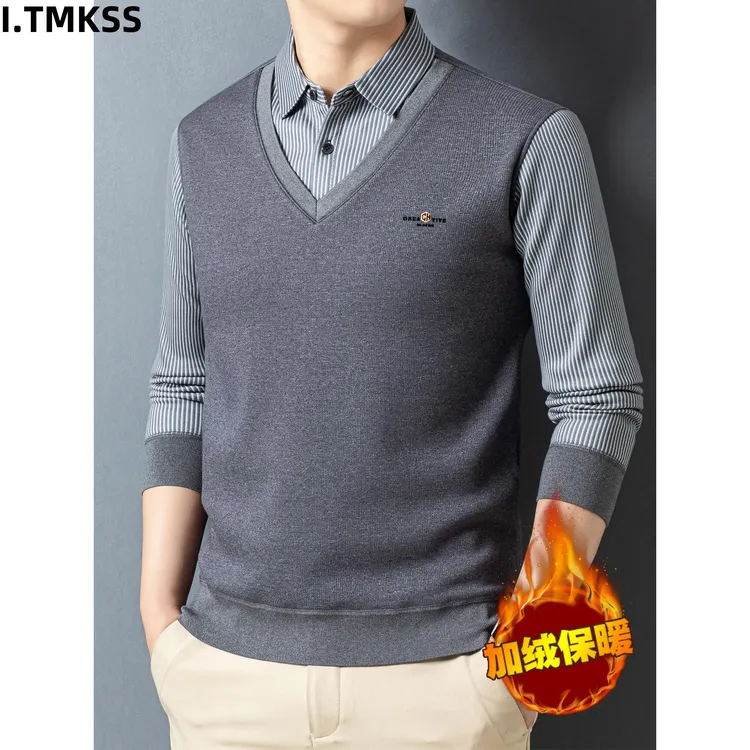 男士假两件衬衫领加绒保暖针织衫长袖加厚打底衫中年爸爸T恤上衣
