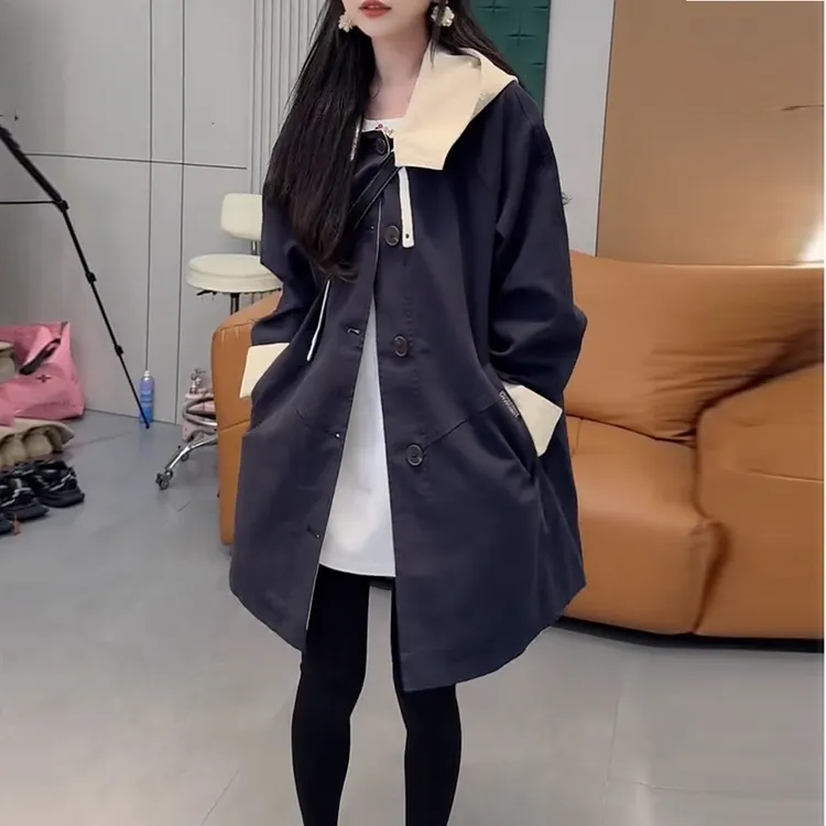 现货休闲连帽中长款风衣外套女小个子微胖宽松百搭撞色显瘦上衣潮