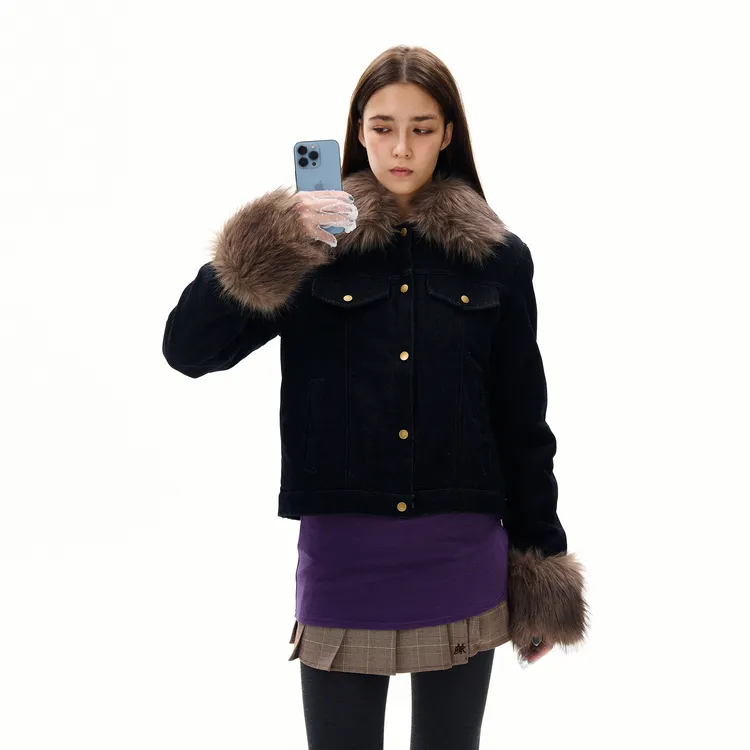 尾郎的店原色设计牛仔棉服女可拆卸拼接毛领高级感夹棉保暖外套潮