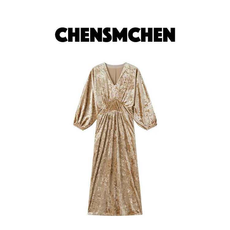 CHENSMCHEN 新中式法式高腰收腰连衣裙女春秋氛围感长裙CSL1011TT
