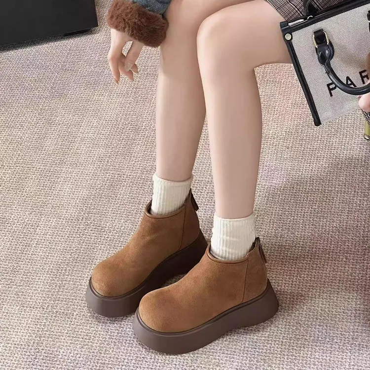 厚底增高勃肯鞋女2025秋冬新款磨砂皮复古短靴马丁靴加绒保暖靴子
