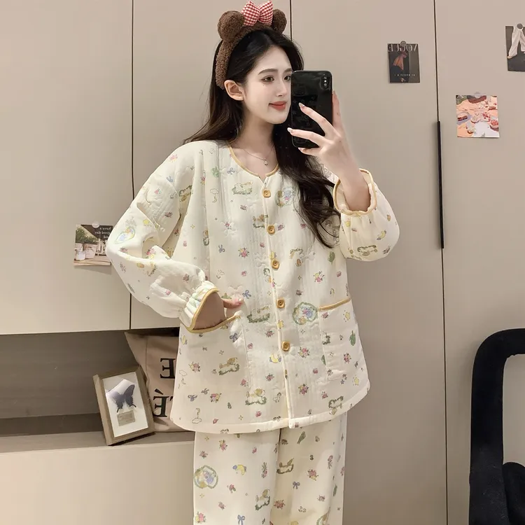 大码空气棉月子服秋冬款哺乳待产孕妇产后产妇睡衣加厚家居服套装