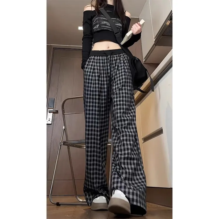 雪千羽复古格子休闲裤女夏秋新款高腰垂感慵懒风阔腿裤直筒拖地裤