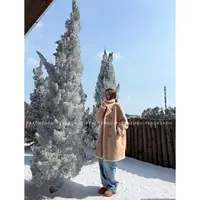 『PEACHZHOU』双面穿羊羔毛宽松翻领中长款复合皮毛一体大衣外套