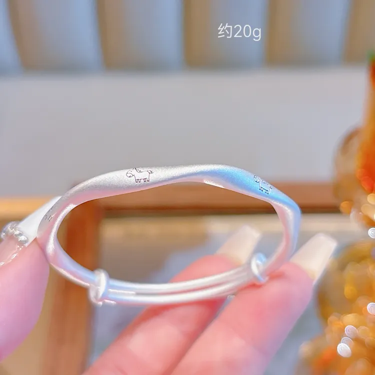 足银手镯 中童8-16岁小马小猫咪古法足银9999推拉手镯磨砂可爱