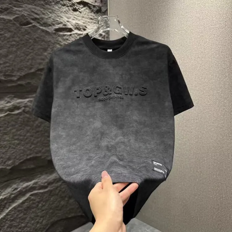 夏季扎染做旧潮牌套头钢印字母晕染上衣男士修身短袖休闲棉T恤男