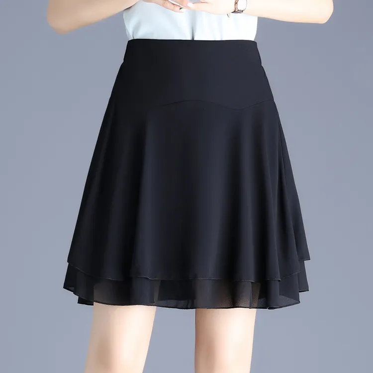 2024夏款高腰大码黑色纯色拼接工艺聚酯氨纶面料松紧腰双层气质通