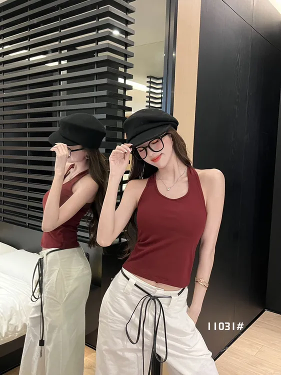 秋冬纯色工背心挂脖一体式磨毛背心显瘦遮肉自带胸垫内搭女士背心