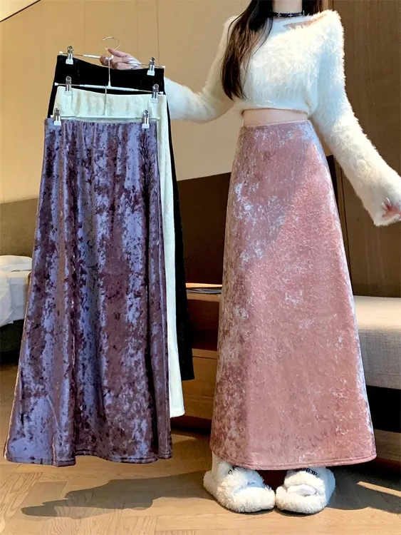 气质光泽感金丝绒半身裙秋冬女2025新款高腰显瘦垂感中长款a字裙