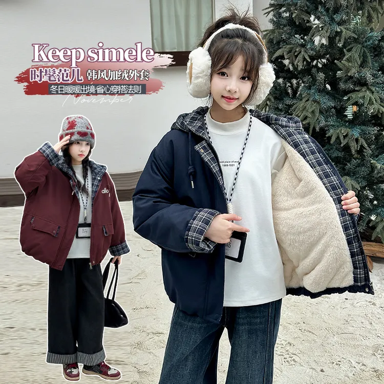 女童派克服外套秋冬装2025新款洋气儿童加绒加厚冬季大童时髦棉服