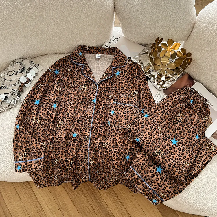 【豹纹Kitty猫】长袖长裤秋款新款大码睡衣女胖mm250斤家居服套装