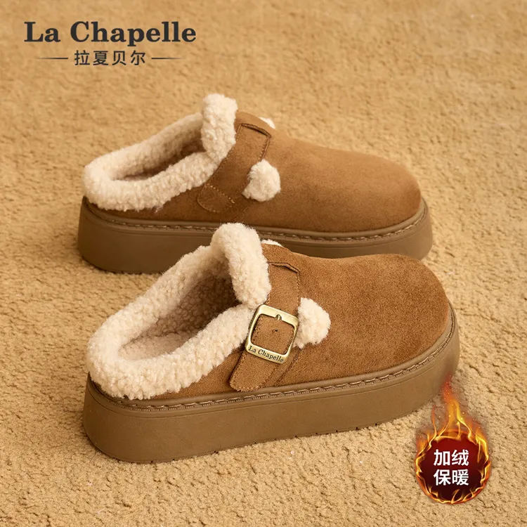 拉夏贝尔勃肯鞋女2025秋冬季新款厚底加绒保暖防滑休闲半拖毛毛鞋