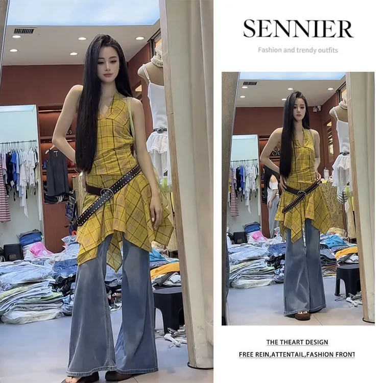 2025夏季新款设计感不规则格纹无袖连衣裙显瘦微喇牛仔裤两件套装