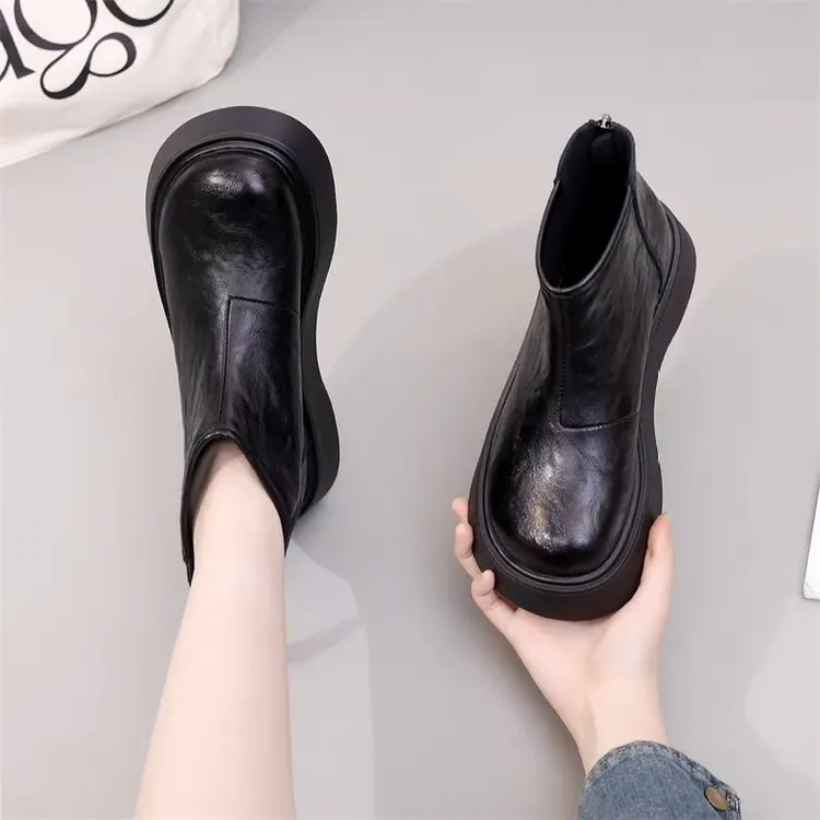 真软皮厚底短靴女2025新款秋冬季增高切尔西靴加绒棉鞋时尚马丁靴