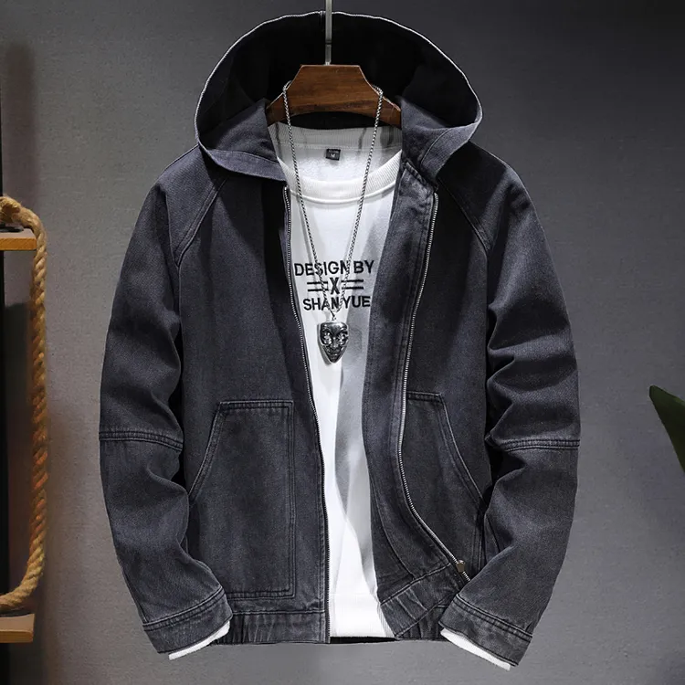 秋季连帽夹克男拉链牛仔外套男款潮流宽松休闲工装牛仔衣服大口袋
