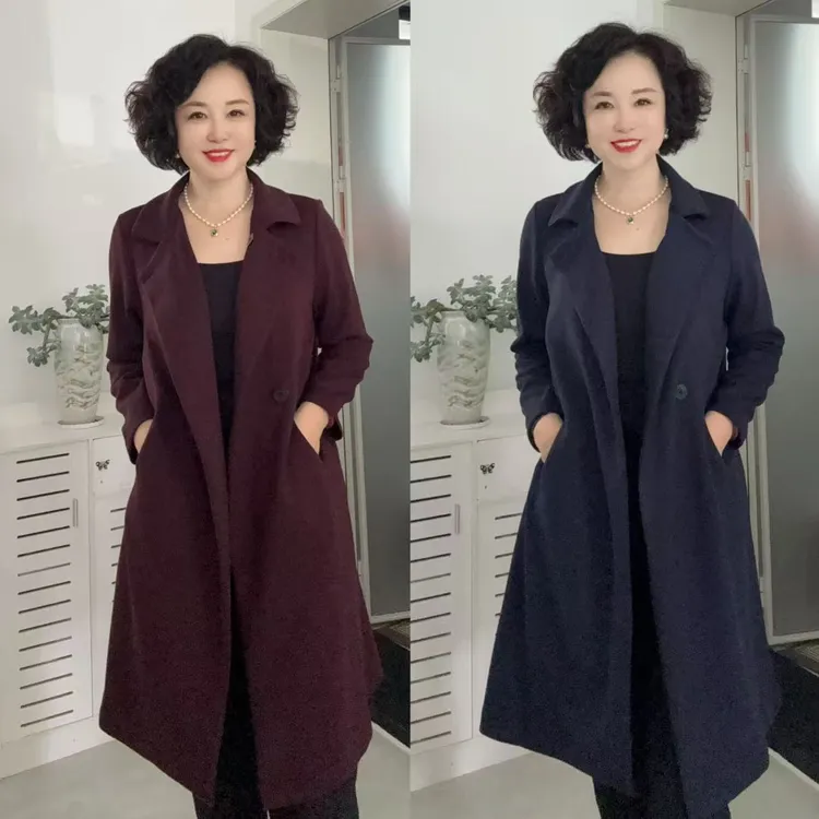 酱紫色小方领双排扣韩版宽松简约空气层女装外套商务秋冬