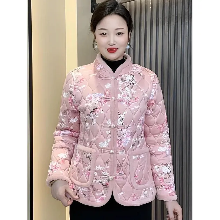 秋冬新款洋气妈妈装加绒保暖小花袄中式复古盘扣棉服外套女士棉衣