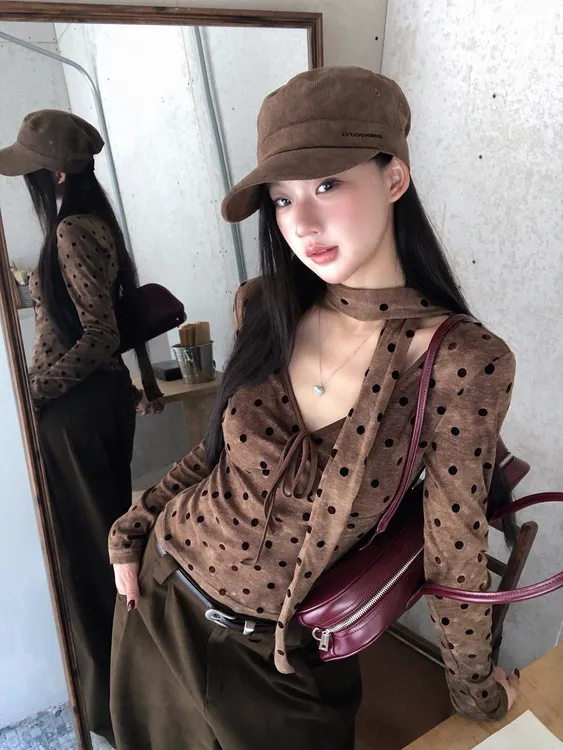 长袖打底衫女早秋2025新款今年流行爆款波点t恤慵懒风上衣