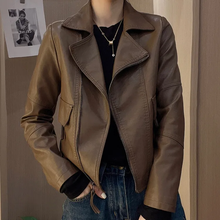短款皮衣女春秋季新款时尚气质宽松大码显瘦纯色皮夹克上衣女