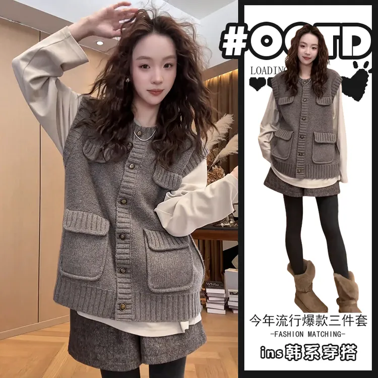 2025年韩版宽松打底衫港味宽松针织马甲休闲短裤复古气质三件套潮