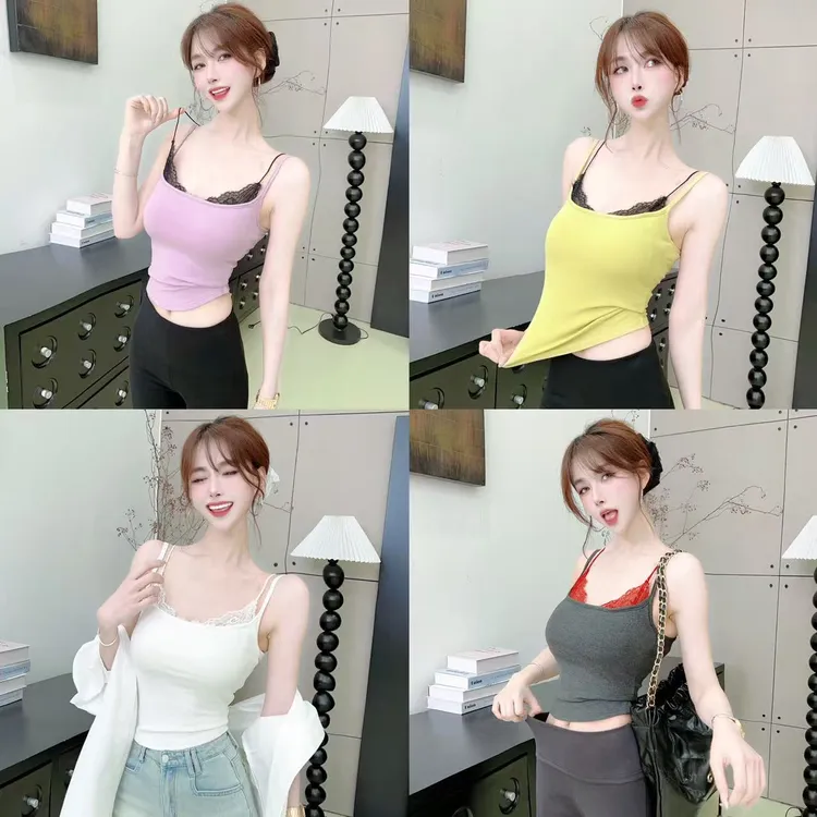 《巧克少女》带杯垫假两件蕾丝吊带背心#8571